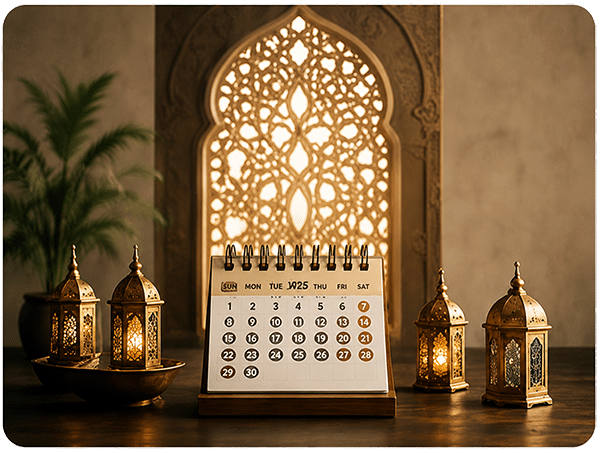 Lantern and Hijri calendar desk ornament glowing at night beside an arched Islamic window