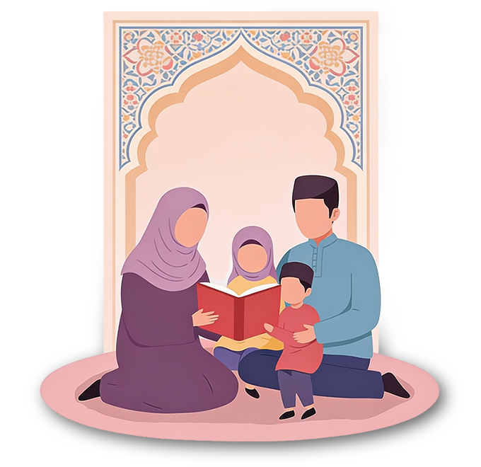 A parent and child seated together reading the Quran, warm homely lighting