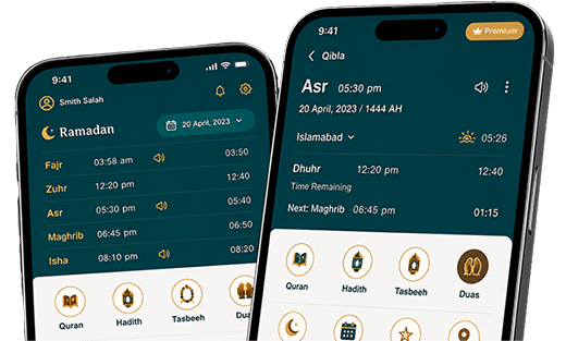 allMasajid app shown on two mobile phones displaying the Hijri calendar and prayer times