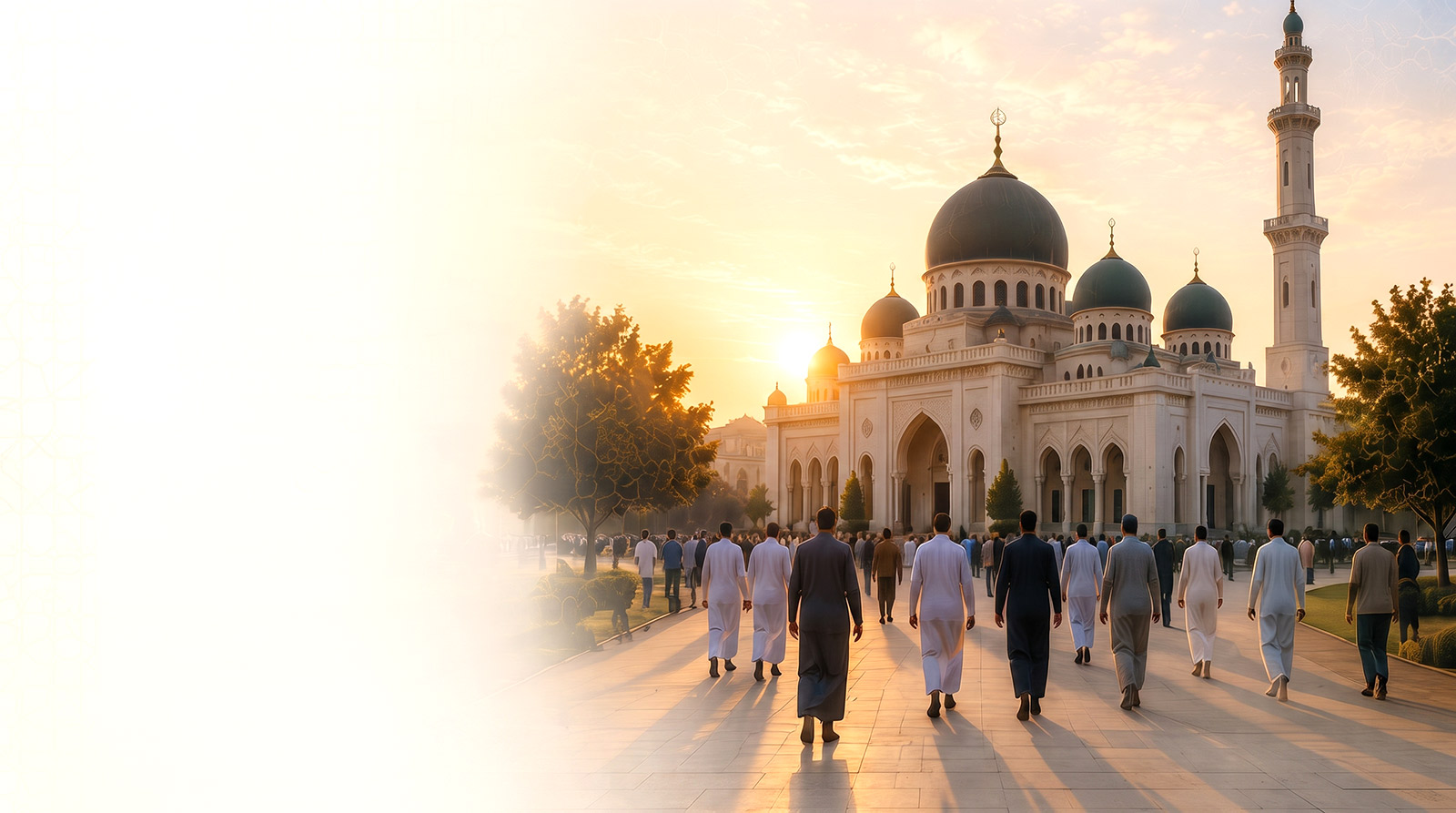 Worshippers walking toward a masjid at golden hour