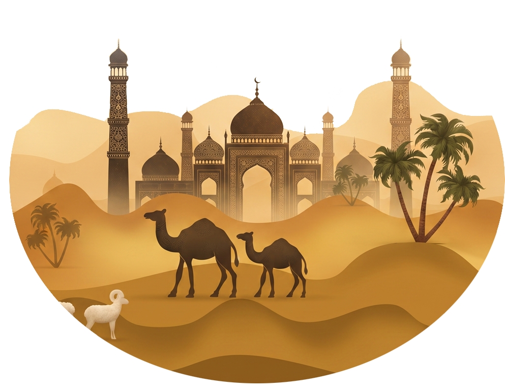 Golden sunrise over a desert road with a distant mosque silhouette and a traveler walking peacefully